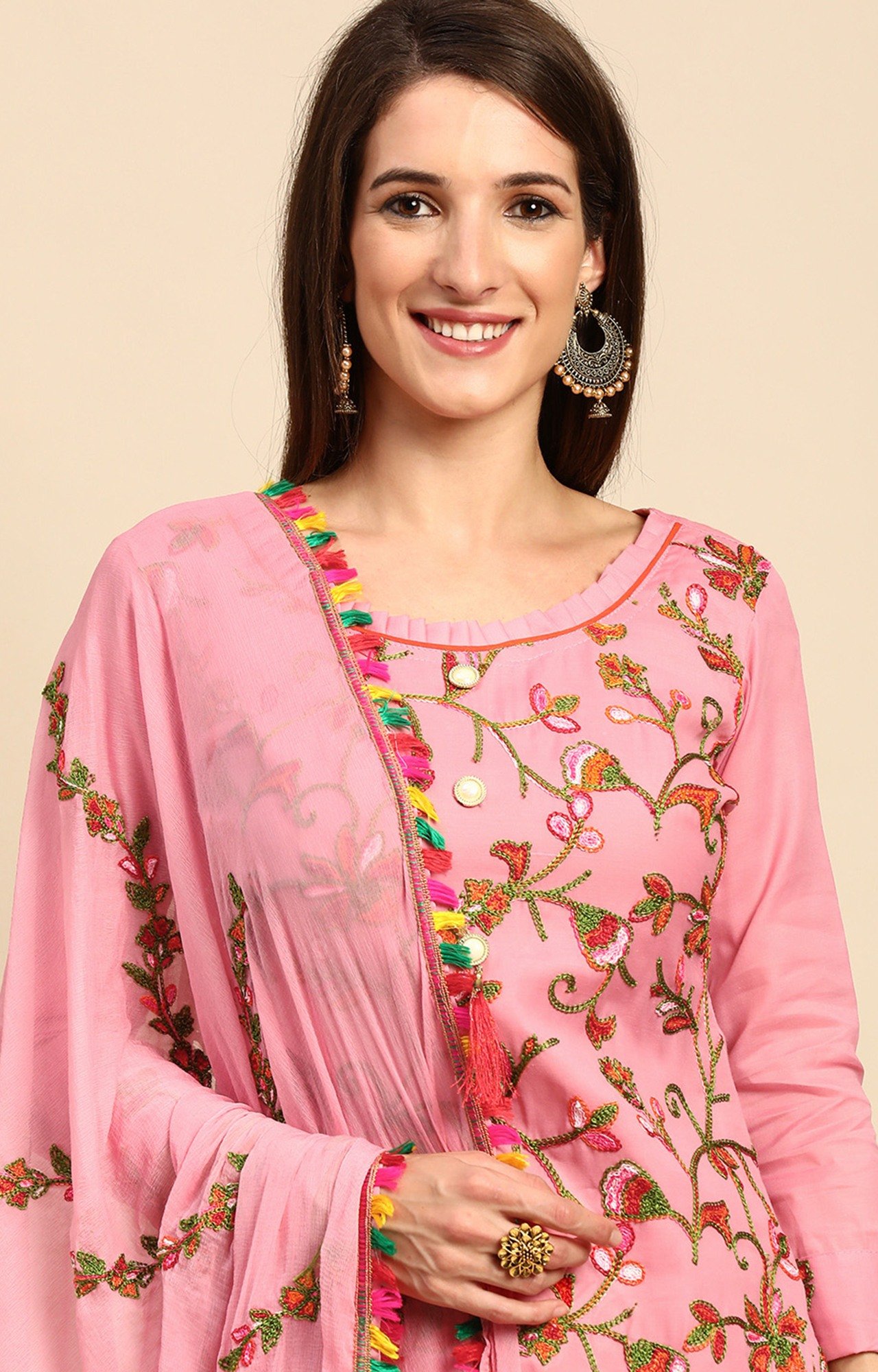Shaily Women Pink Color Cotton Embroidered With Tessels Unstitched Dress Material-VF_LILY_PNK_DM