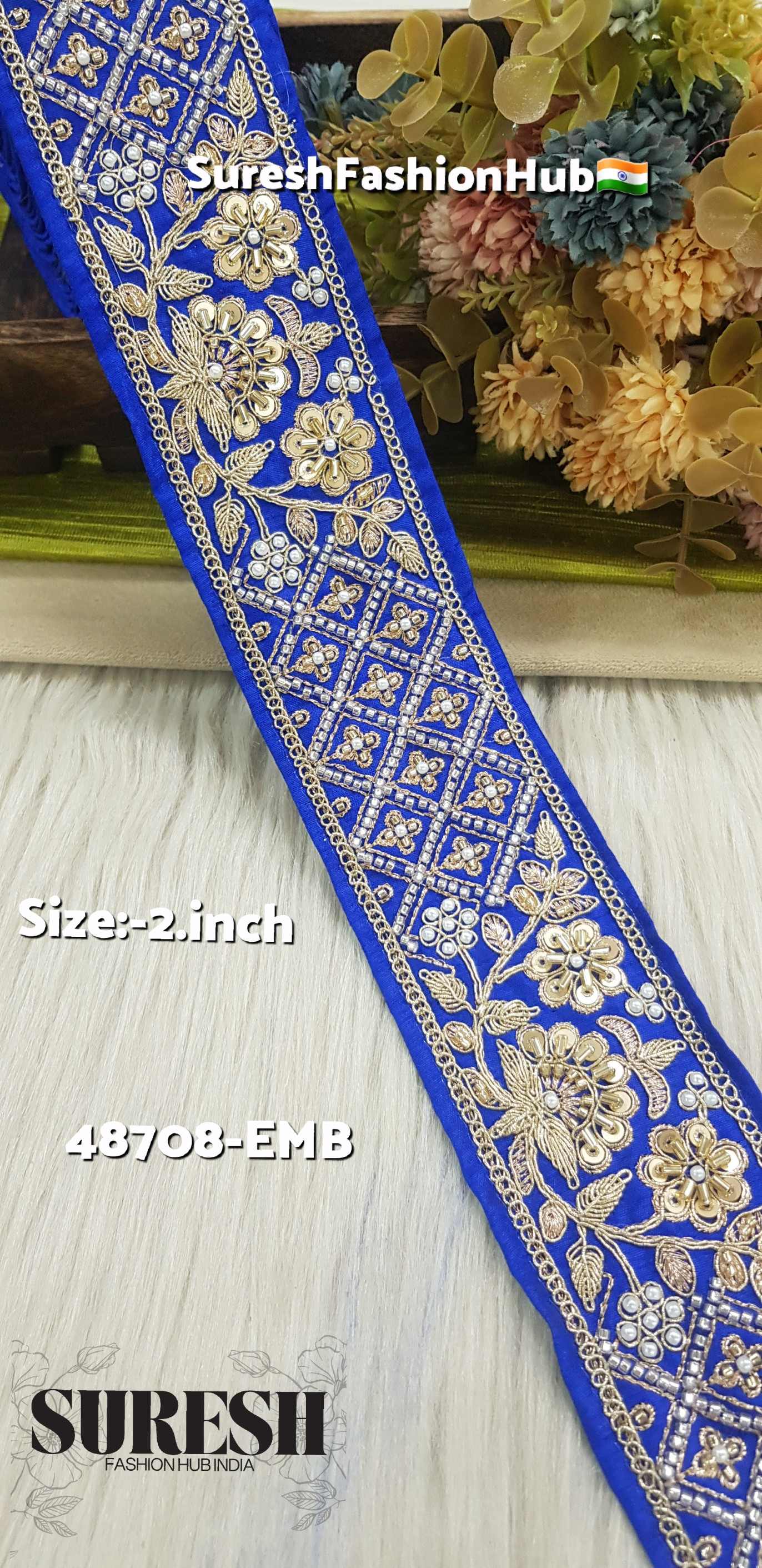 Royal Blue Floral Dori Embroidery Lace – 48708-Emb