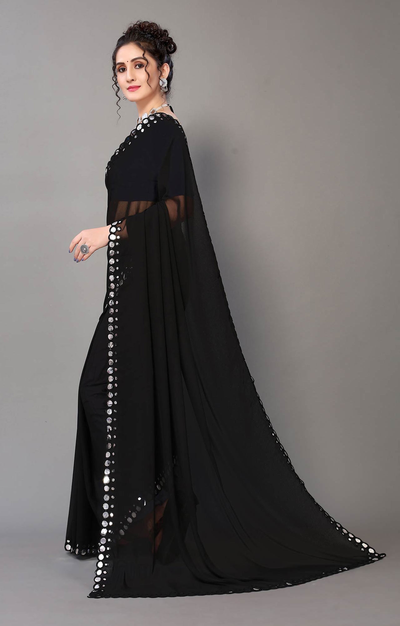 Buy Black Solid Woven Border Saree with Woven Blouse - Inddus.com.