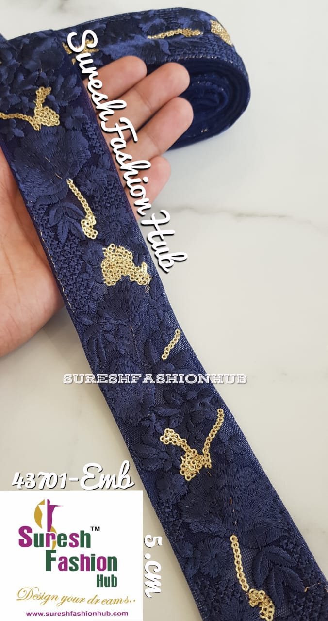 Golden Zari Threaded Petals On Navy Blue  Net Embroidery Trim