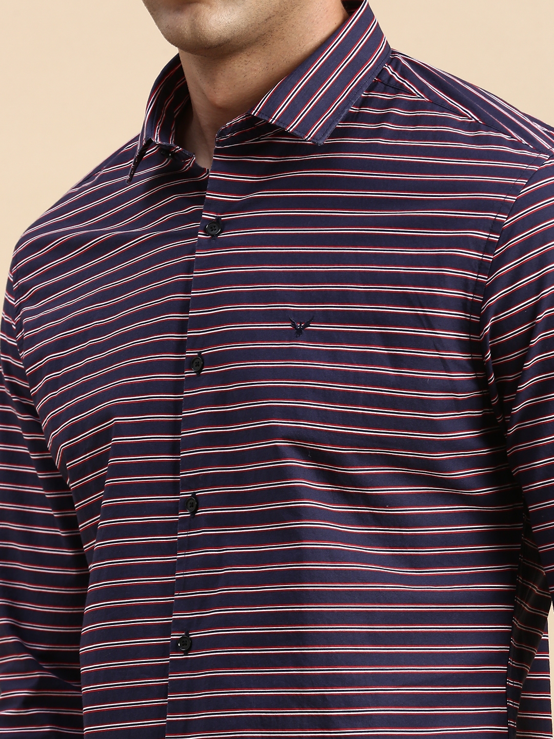Showoff | SHOWOFF Men's Spread Collar Striped Navy Blue Regular Fit Shirt 5