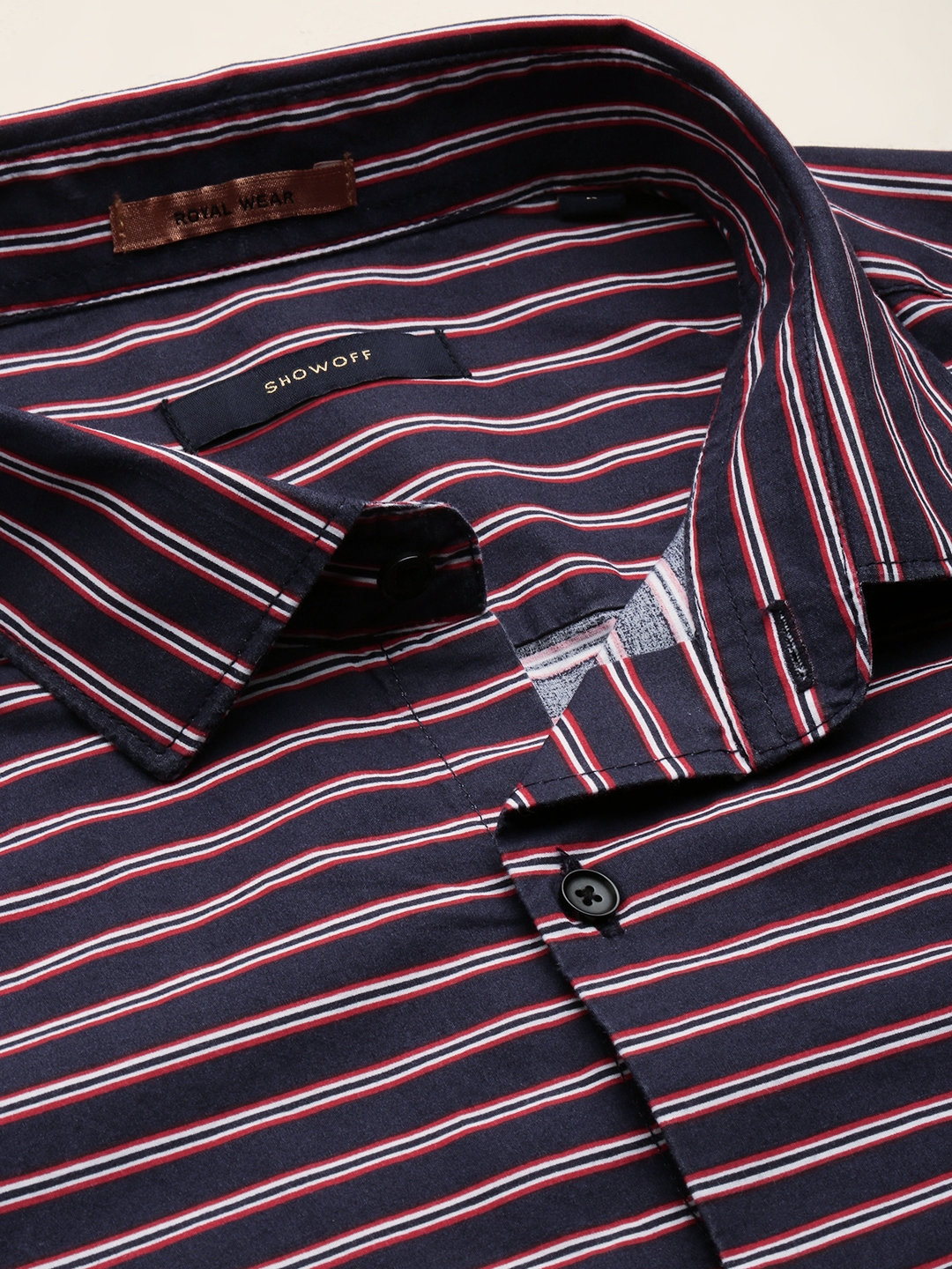 Showoff | SHOWOFF Men's Spread Collar Striped Navy Blue Regular Fit Shirt 6