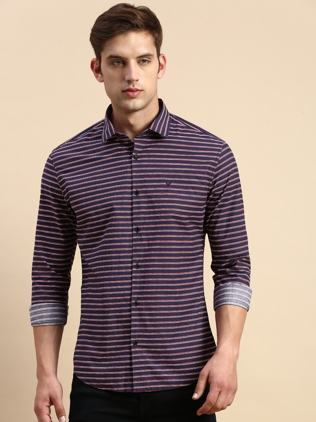 Showoff | SHOWOFF Men's Spread Collar Striped Navy Blue Regular Fit Shirt 1