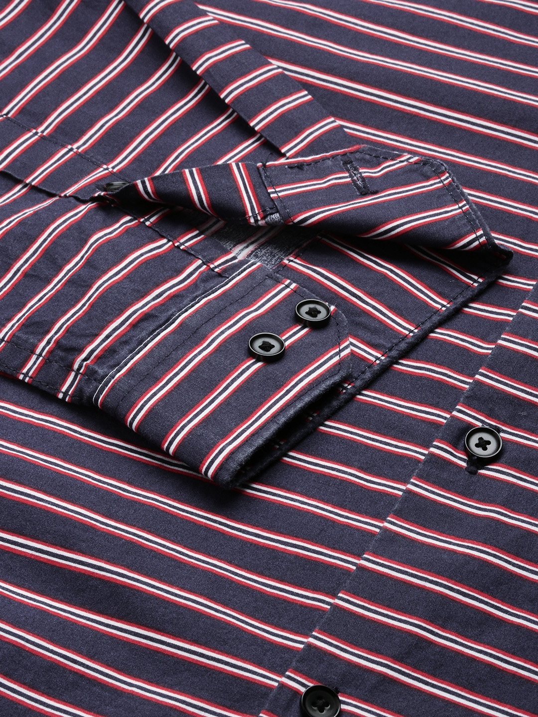 Showoff | SHOWOFF Men's Spread Collar Striped Navy Blue Regular Fit Shirt 7