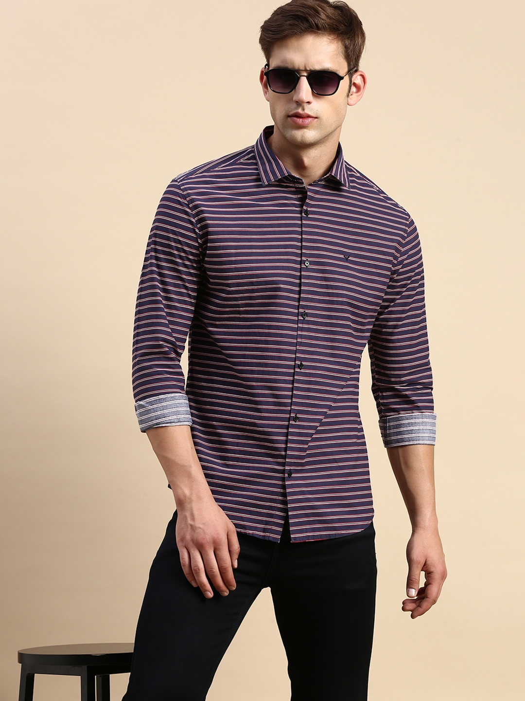 Showoff | SHOWOFF Men's Spread Collar Striped Navy Blue Regular Fit Shirt 0