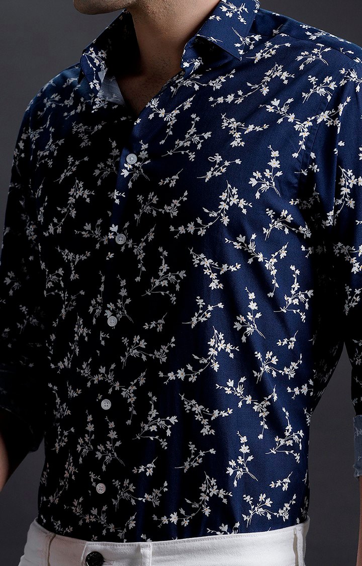 Men's Navy Cotton Floral Casual Shirt