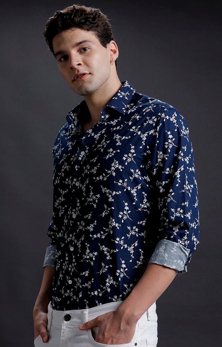 Men's Navy Cotton Floral Casual Shirt