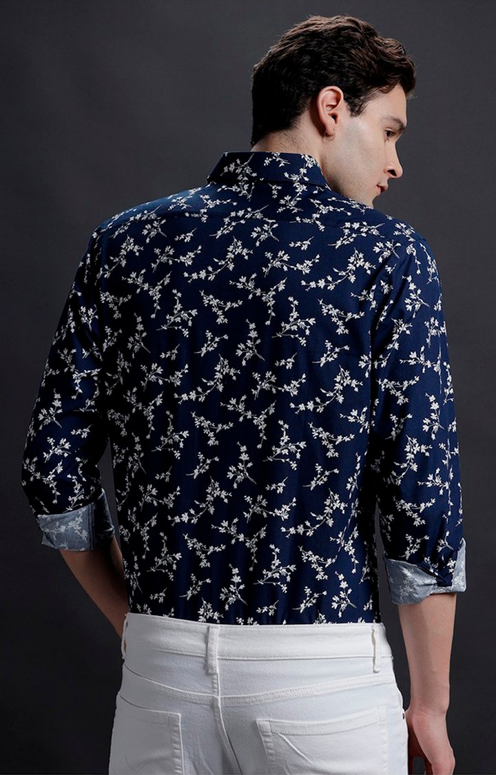 Men's Navy Cotton Floral Casual Shirt