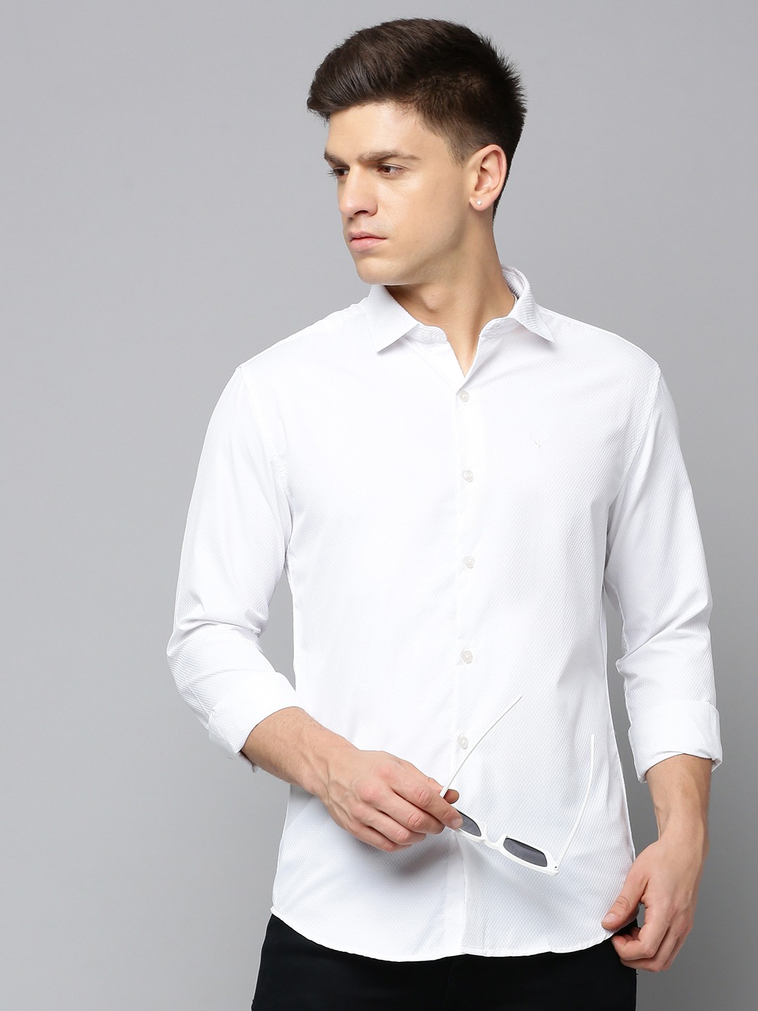 SHOWOFF Men's Spread Collar Self Design White Slim Fit Shirt