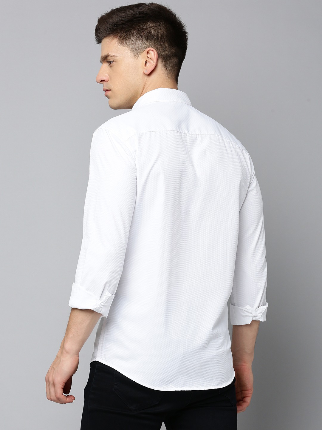 SHOWOFF Men's Spread Collar Self Design White Slim Fit Shirt