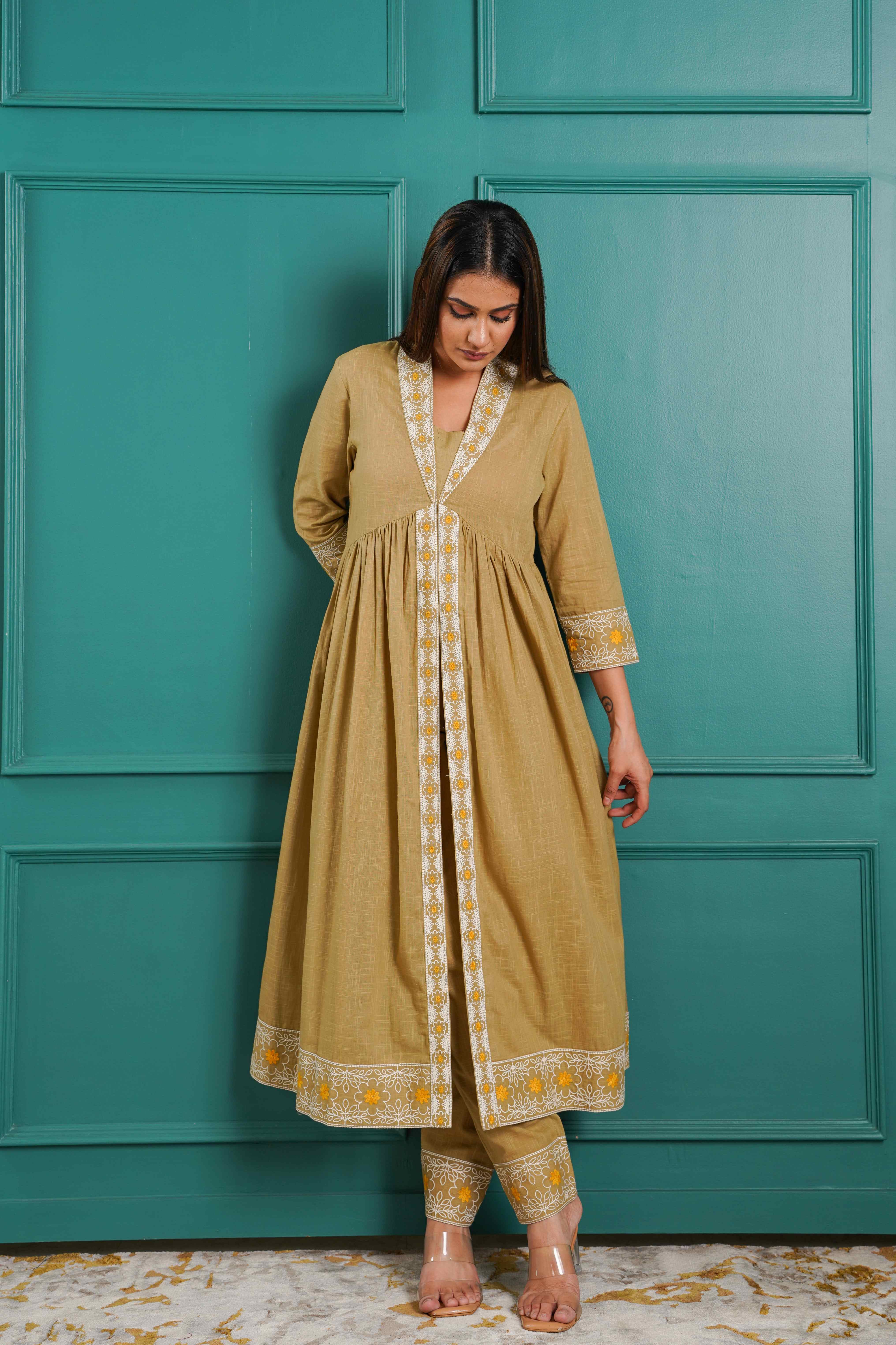 KHAKI EMBROIDERED SOLID KURTA SET