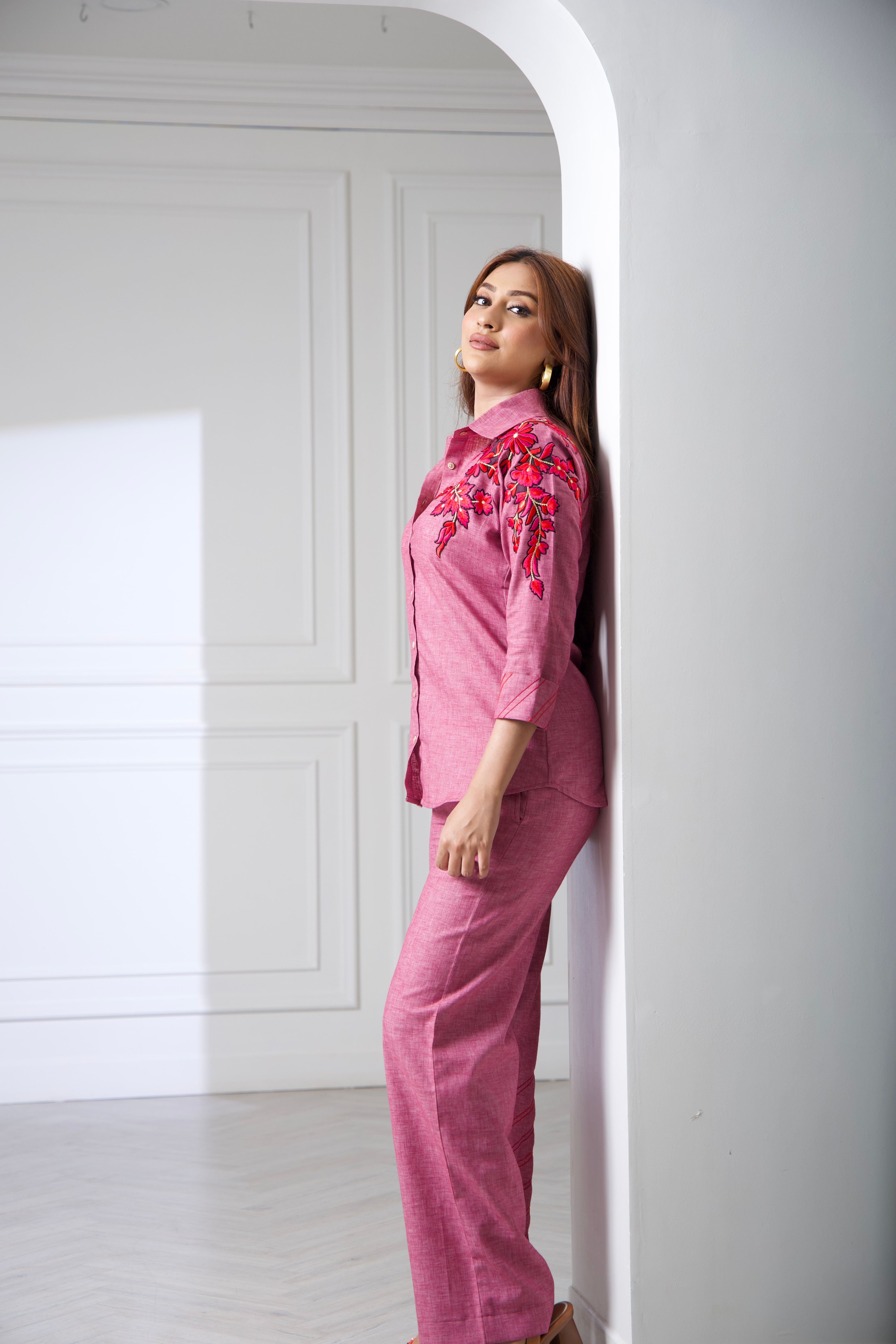 Pink cotton linen embroidered Coord