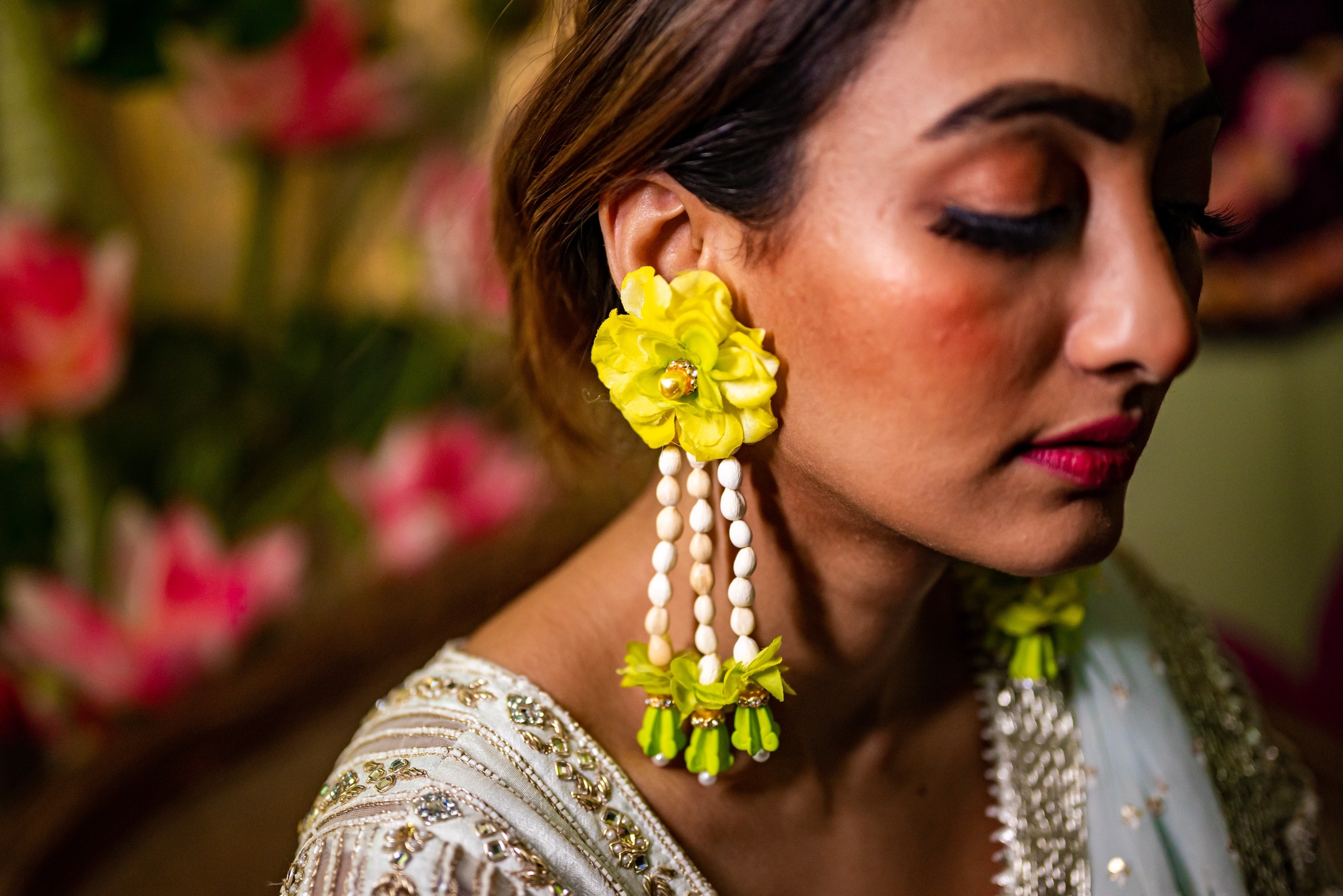 Floral art | Lime Green white Bead Work Long earing  for Women undefined