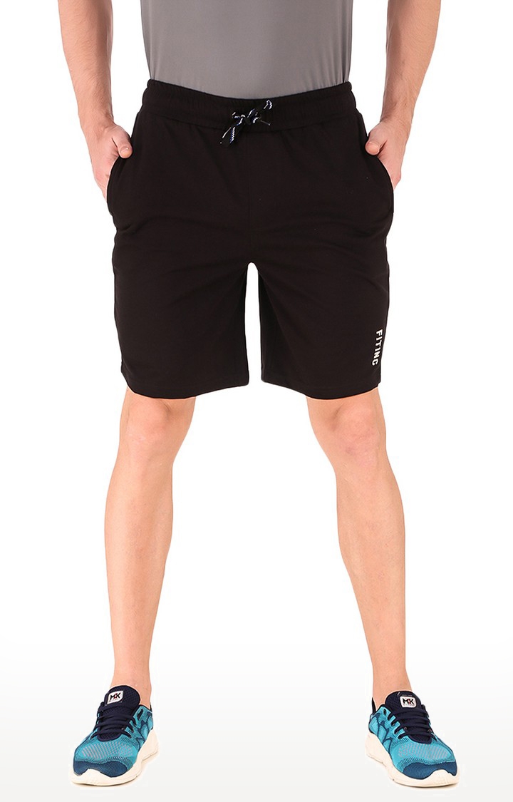 Fitinc | Men's Black Cotton Blend Solid Activewear Shorts 2