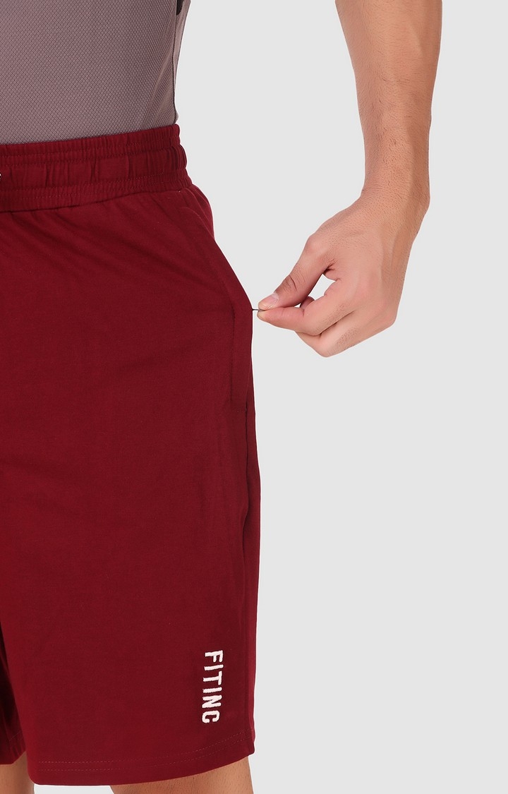 Fitinc | Men's Maroon Cotton Blend Solid Activewear Shorts 4