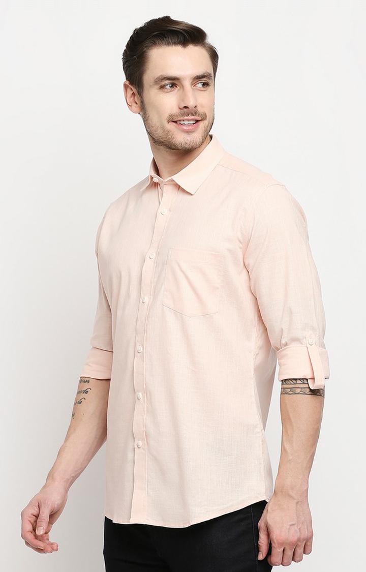 EVOQ | Evoq Peach Solid Colour Cotton- Linen Causal Shirt for Men 3
