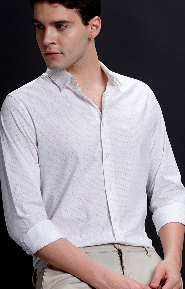 Aldeno | Men's White Cotton Polka Dots Formal Shirt