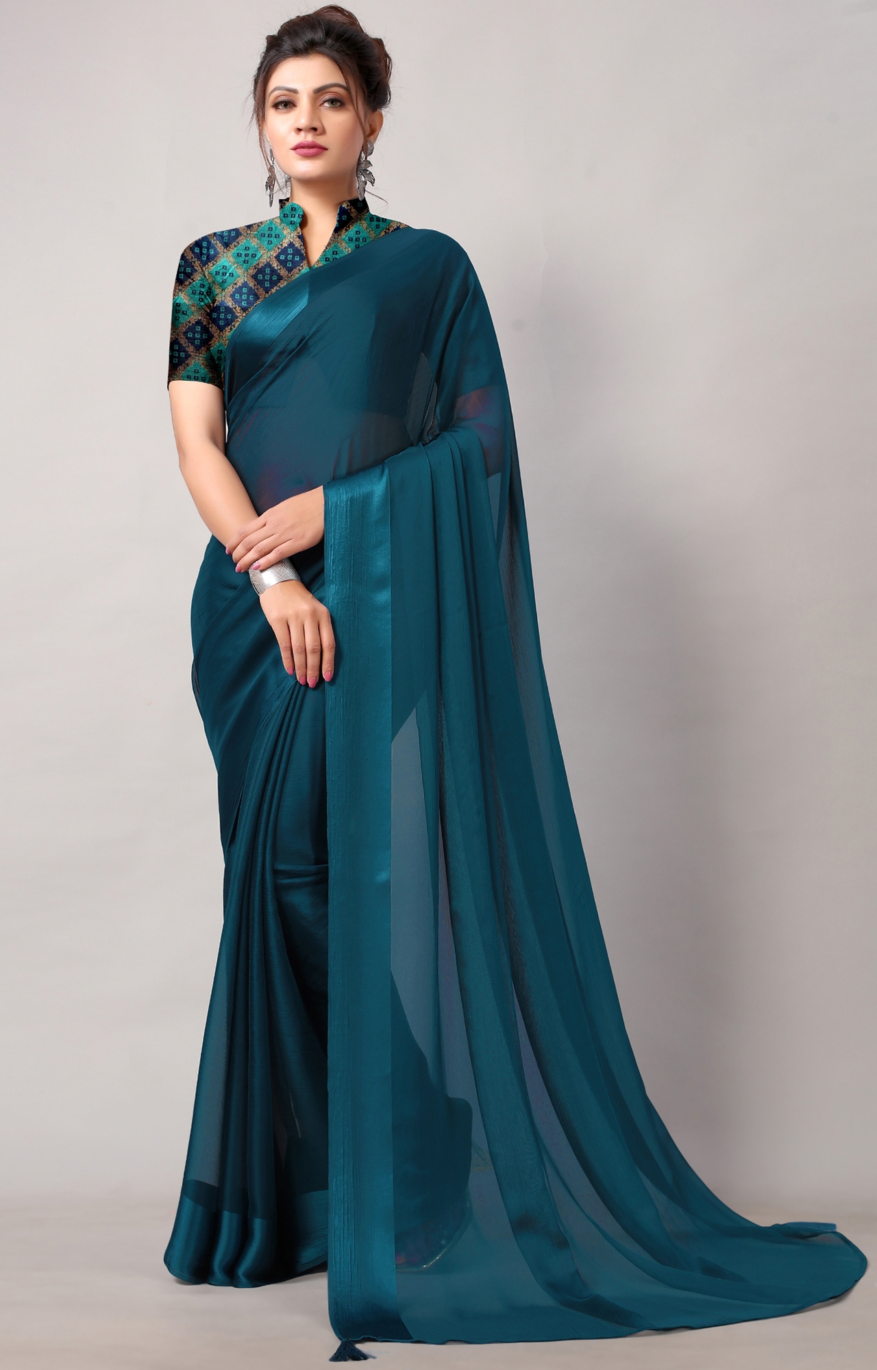 Women Teal Chiffon Party Wear Solid Saree-HACFNSTNBDR1079TEAL