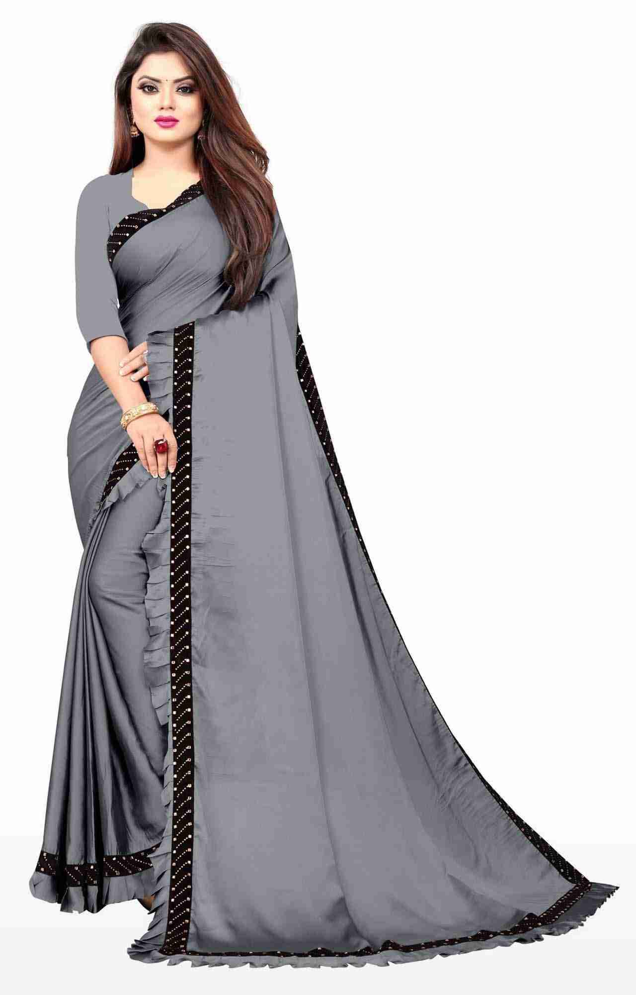 Awriya Women's Silk Ruffle Saree With Diamond Work - Pencil Grey