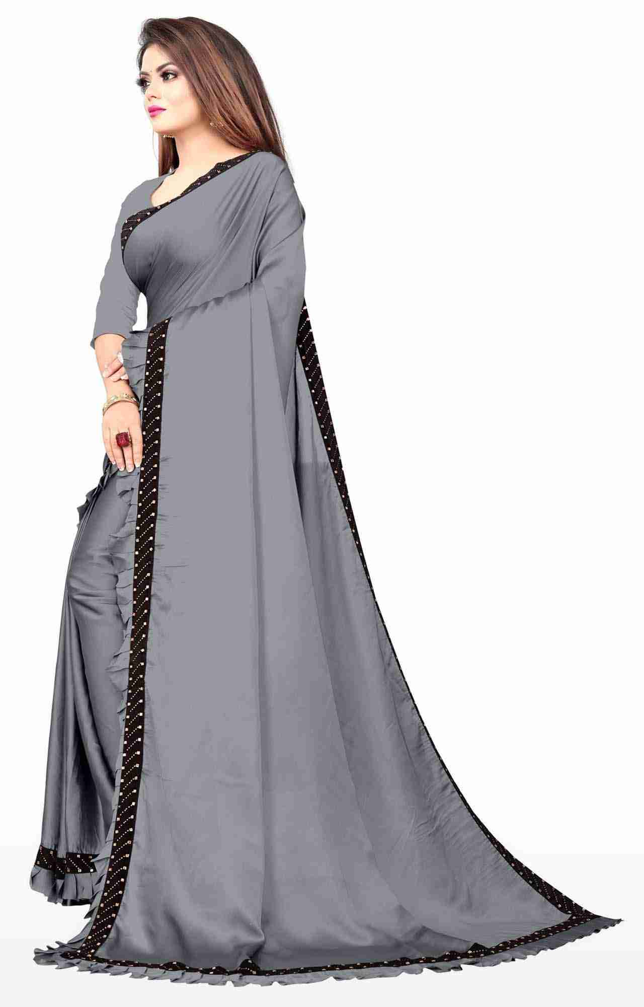 Awriya Women's Silk Ruffle Saree With Diamond Work - Pencil Grey