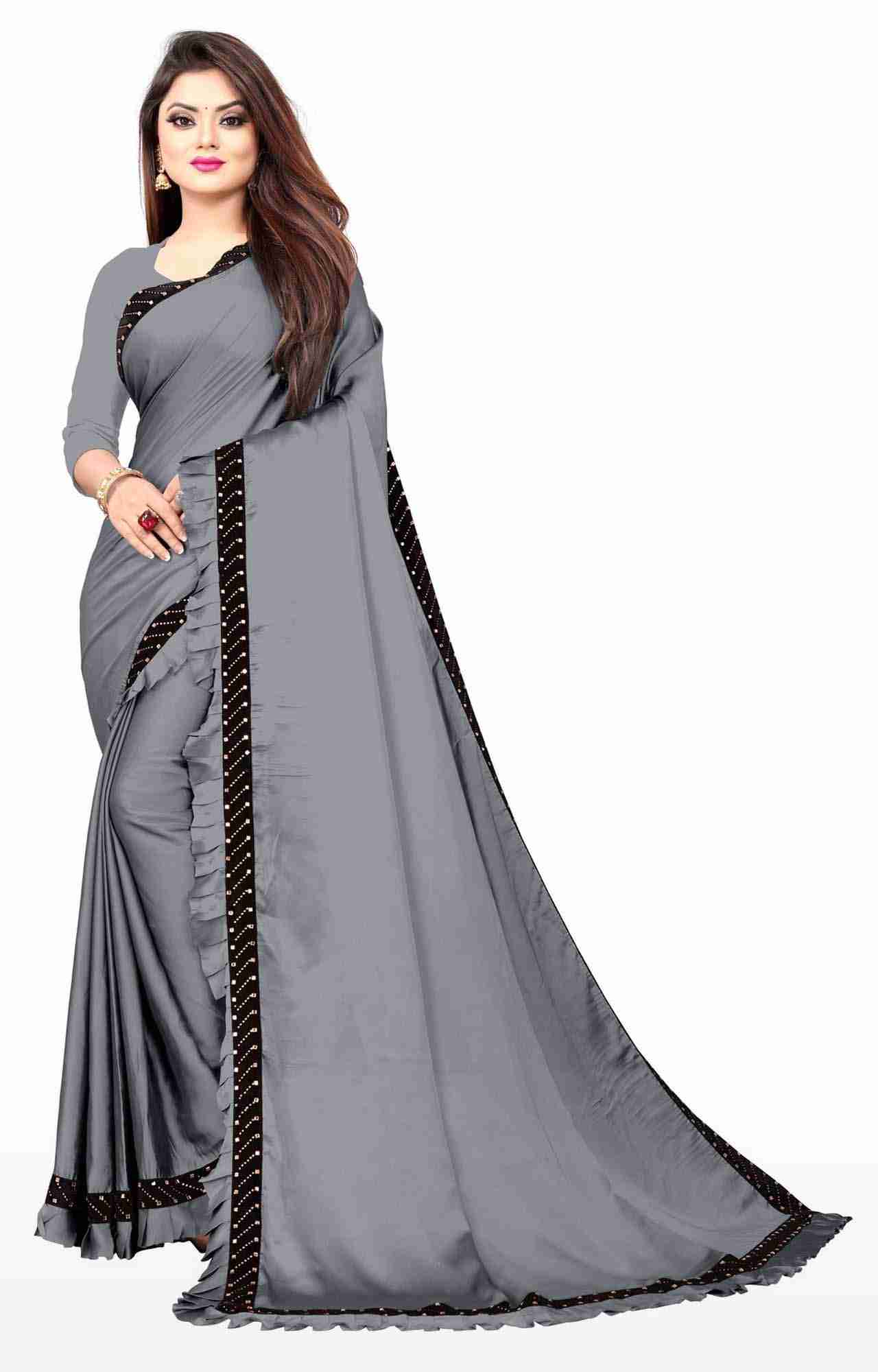 Awriya Women's Silk Ruffle Saree With Diamond Work - Pencil Grey
