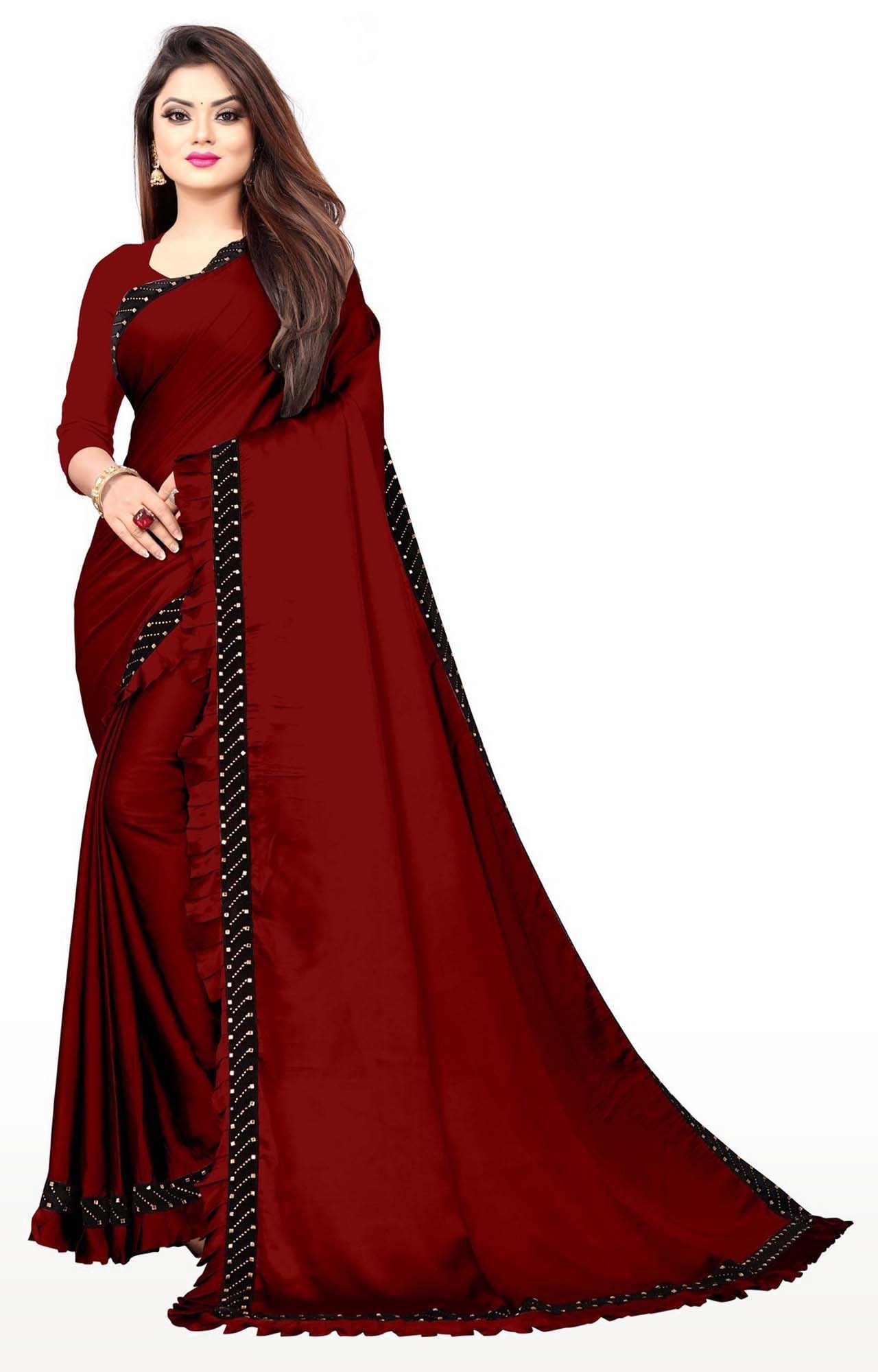 Buy Grancy Women's Lycra Ruffled Maroon Ready to Wear Saree Trending  Festive Season Party Design Stylish Sequence Fancy Patch Lace Border with  Stiched blouse and Belt at Amazon.in