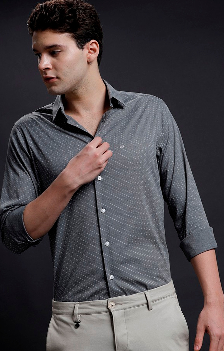 Aldeno | Men's Grey Cotton Polka Dots Formal Shirt