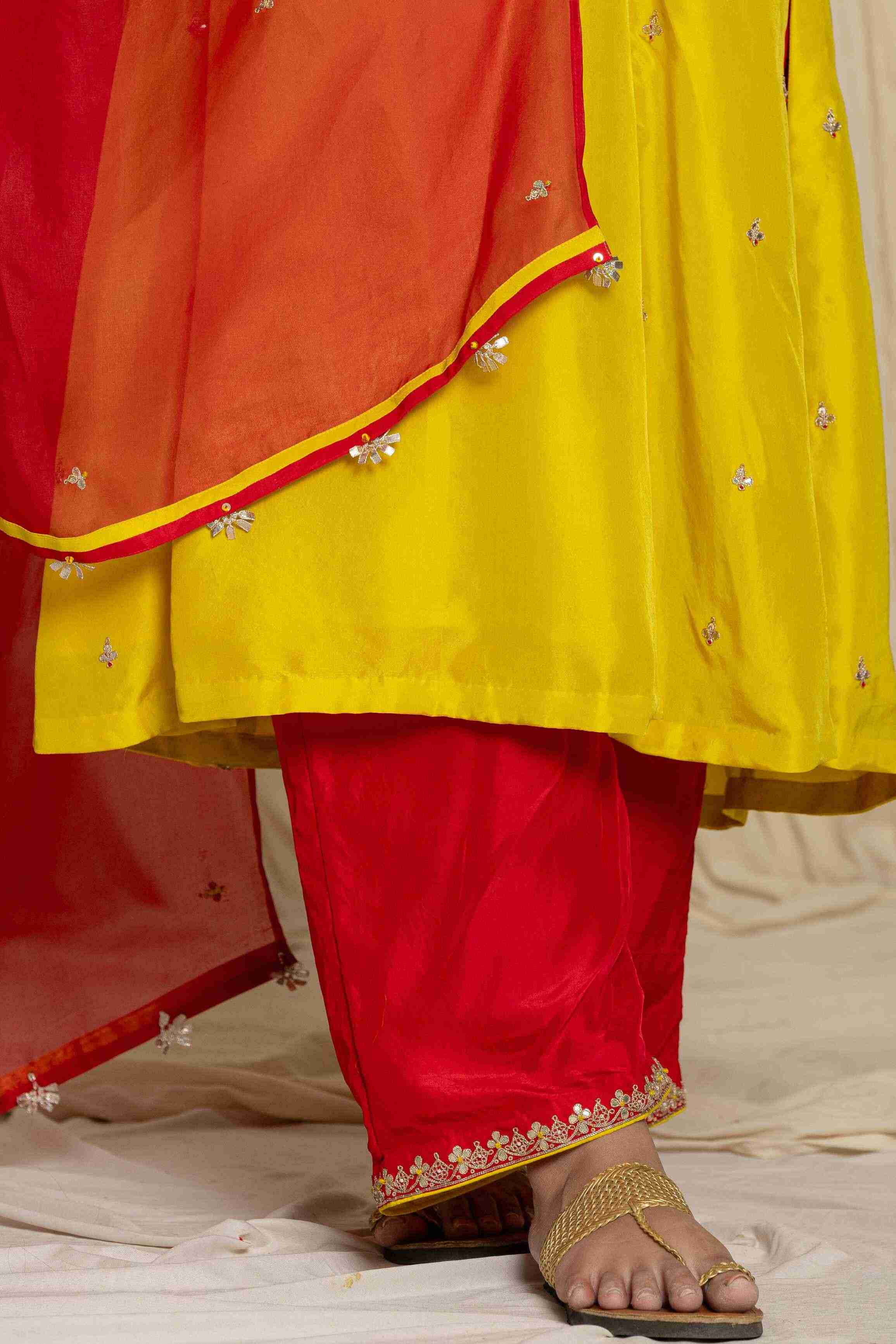 Red-yellow silk handwork kurta set