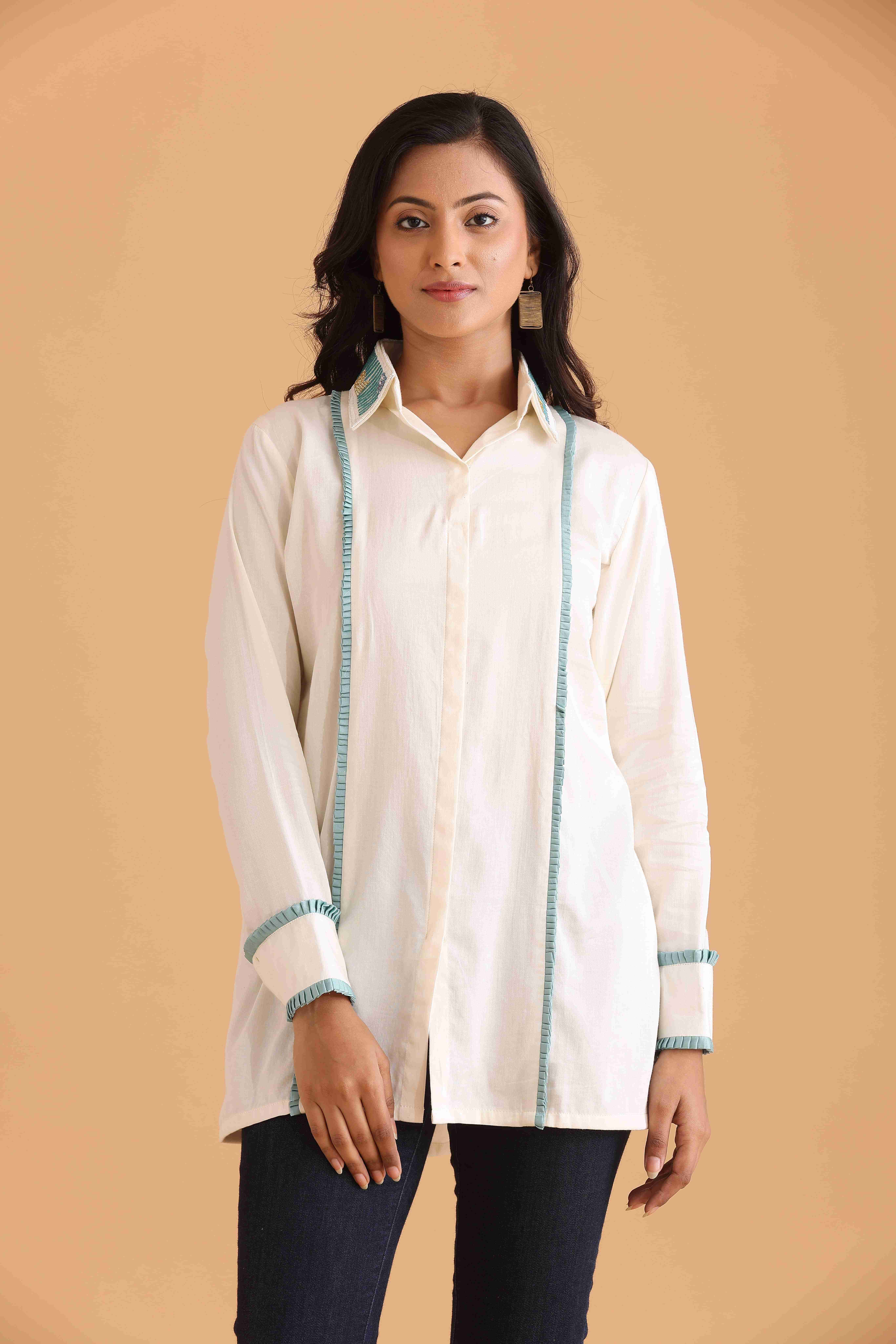 Ivory Full Sleeve shirt with Blue Pleated Detailing