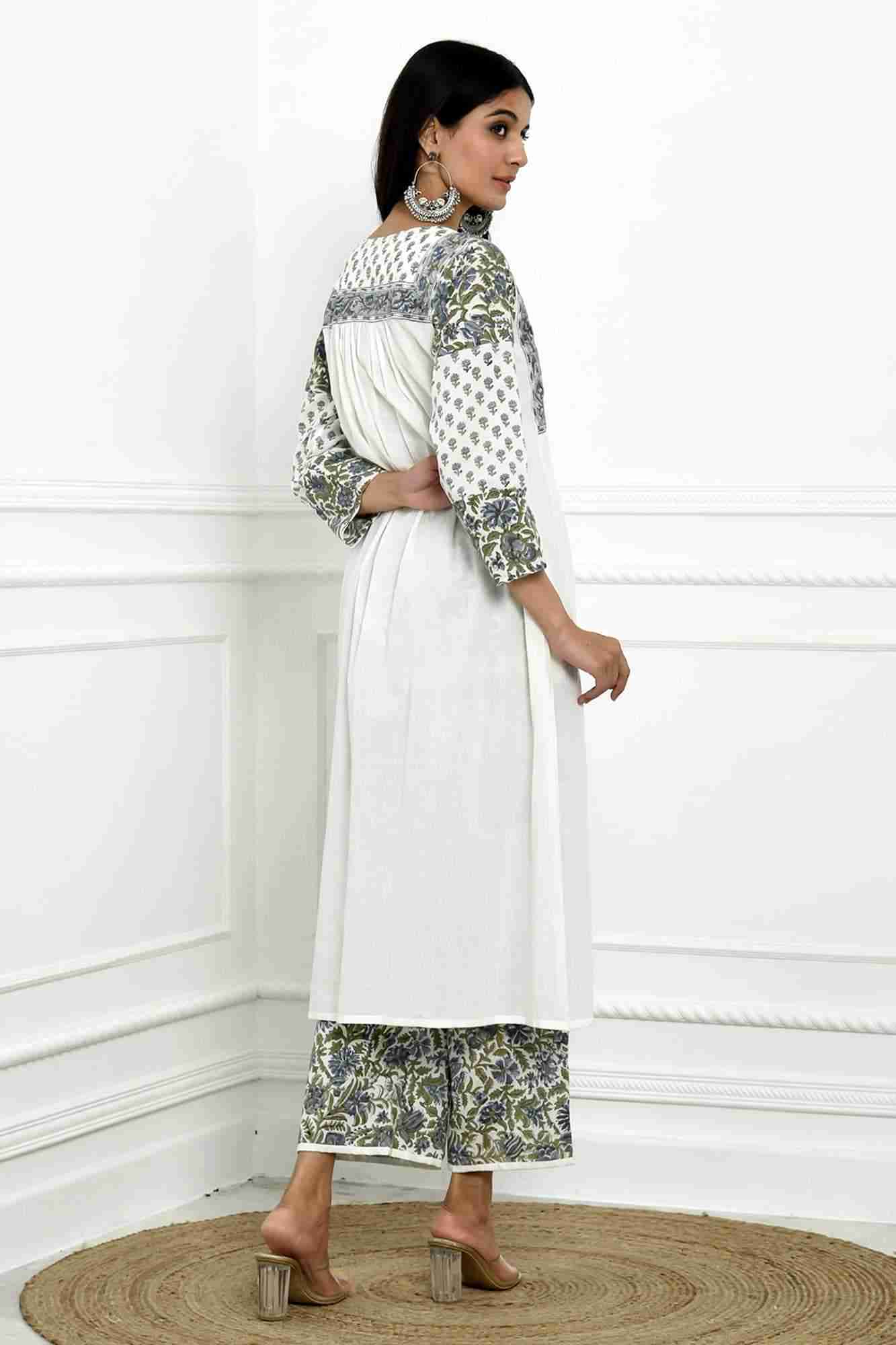 Naksh Solid White Gathered Kurta, Pants & Dupatta (Set of 3)