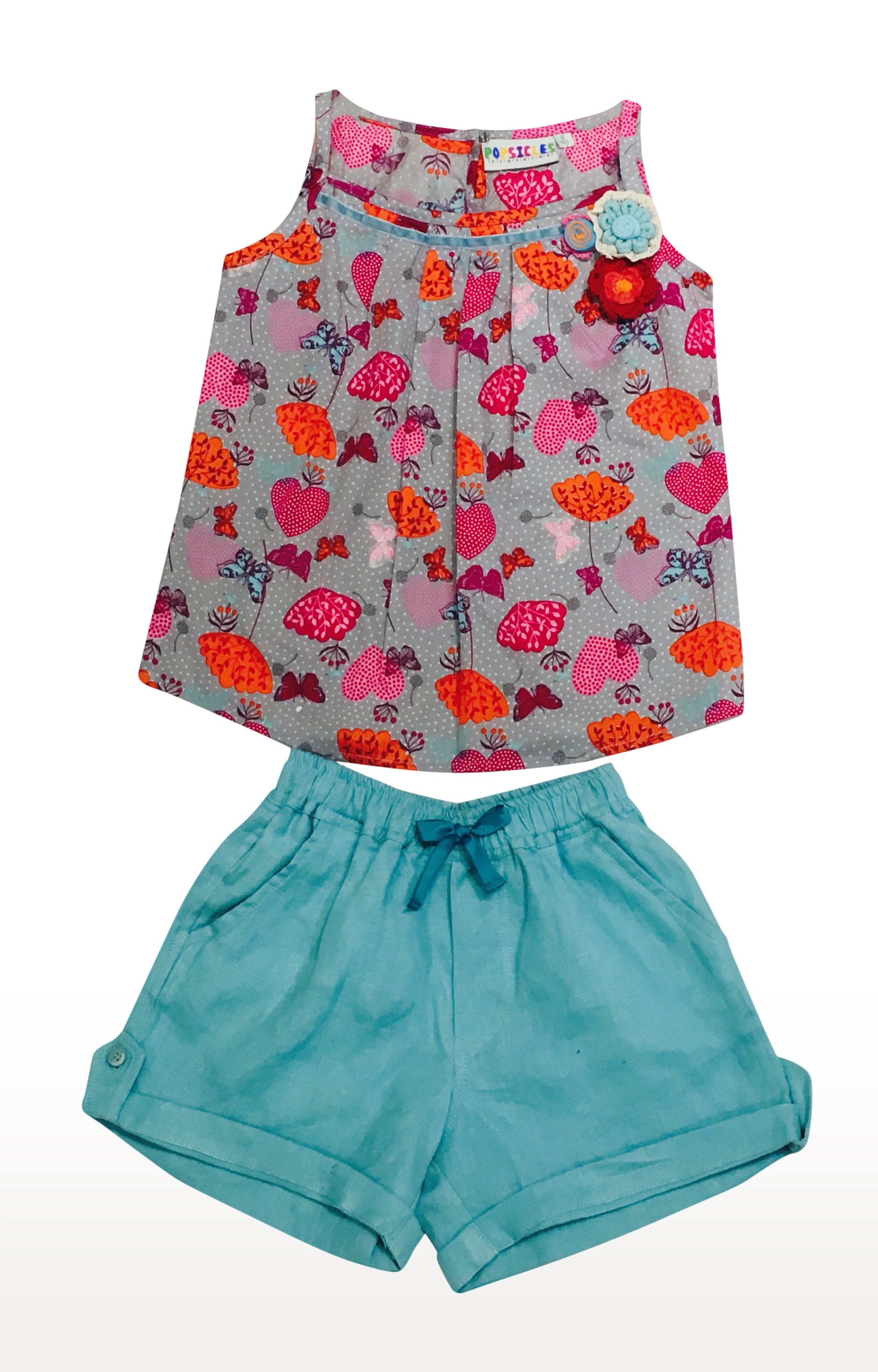 Popsicles Clothing | Popsicles Butterfly Garden Top and Short Set Regular Fit For Girl - Grey and Blue 0