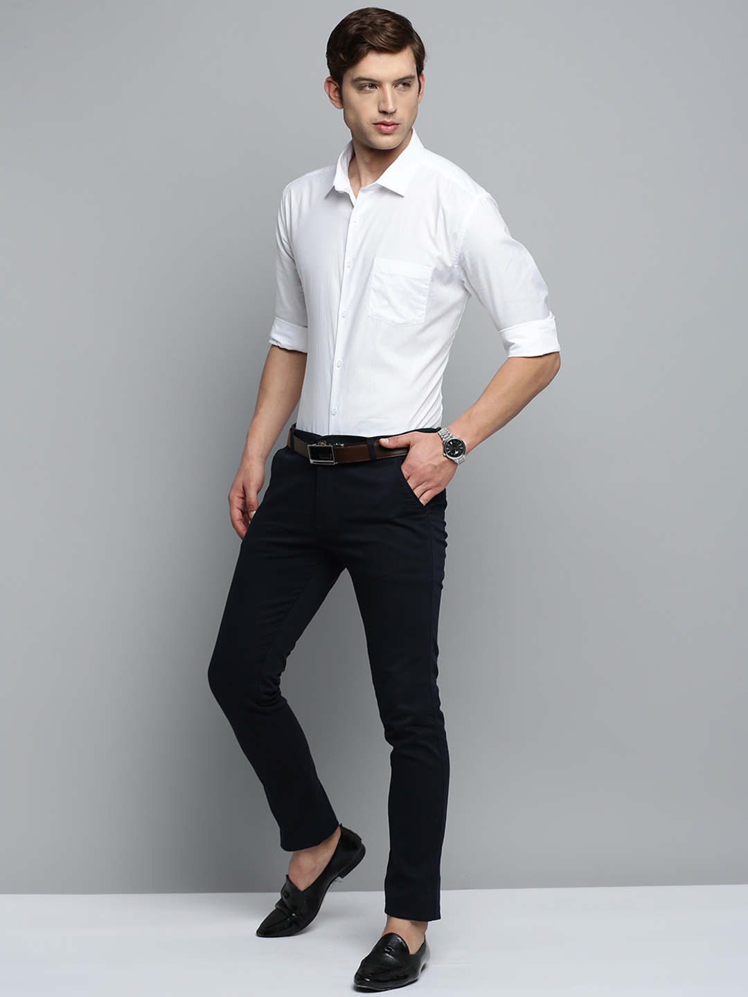 SHOWOFF Men's Spread Collar White Self Design Shirt
