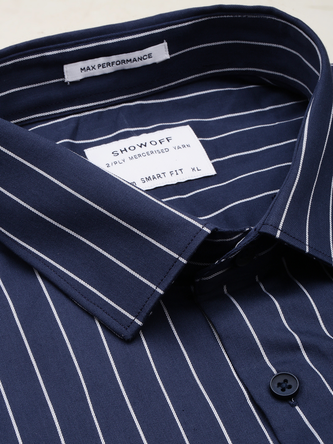 SHOWOFF Men's Spread Collar Navy Blue Striped Shirt