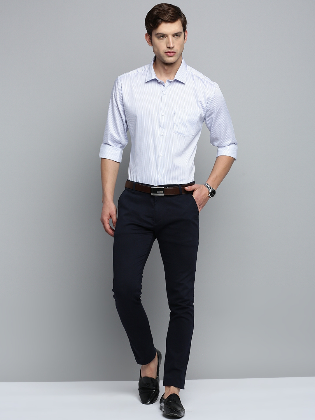 Showoff | SHOWOFF Men's Spread Collar White Striped Shirt 4