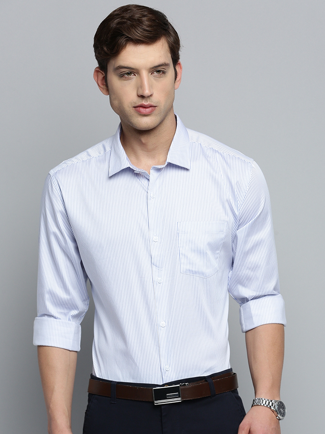 Showoff | SHOWOFF Men's Spread Collar White Striped Shirt 1
