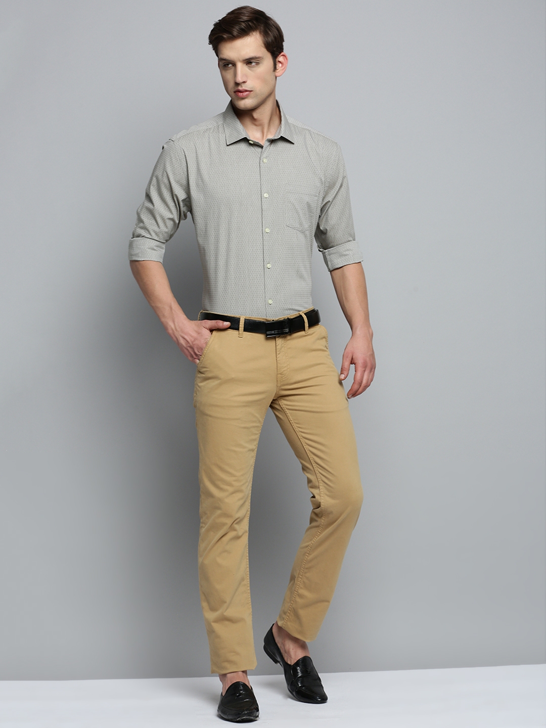 Showoff | SHOWOFF Men's Spread Collar Olive Striped Shirt 4