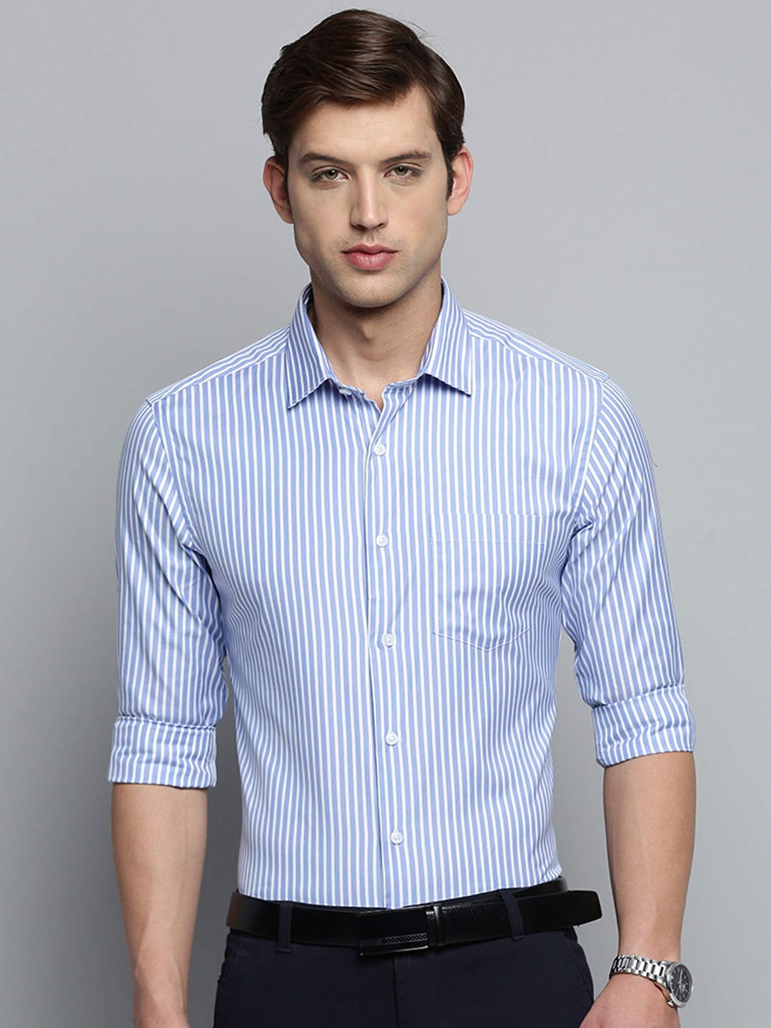 Showoff | SHOWOFF Men's Spread Collar Self Design Blue Smart Shirt 1