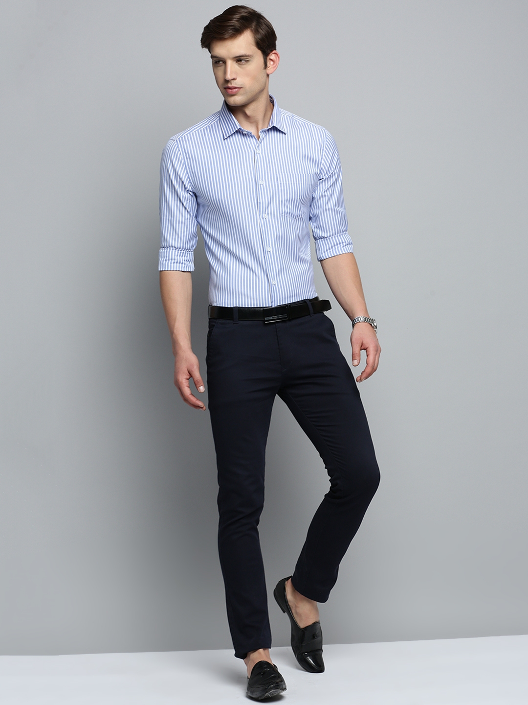 Showoff | SHOWOFF Men's Spread Collar Self Design Blue Smart Shirt 4