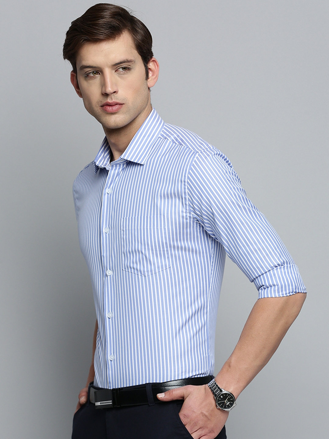 Showoff | SHOWOFF Men's Spread Collar Self Design Blue Smart Shirt 2