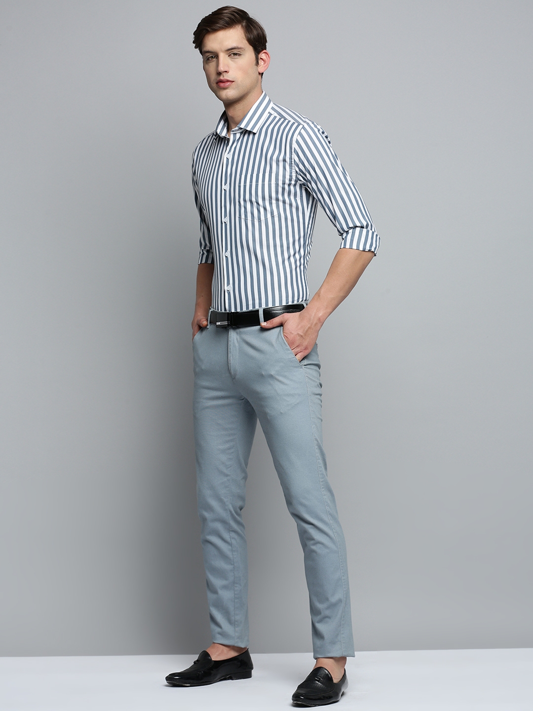 Showoff | SHOWOFF Men's Spread Collar Self Design Grey Smart Shirt 4