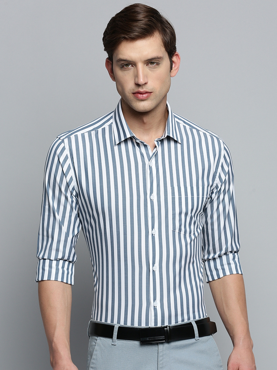 Showoff | SHOWOFF Men's Spread Collar Self Design Grey Smart Shirt 1