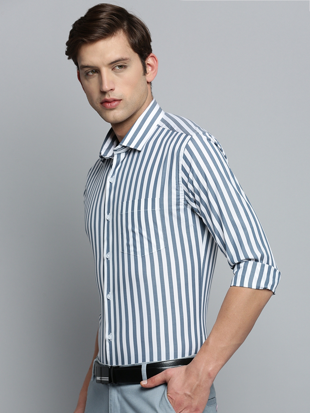 Showoff | SHOWOFF Men's Spread Collar Self Design Grey Smart Shirt 2