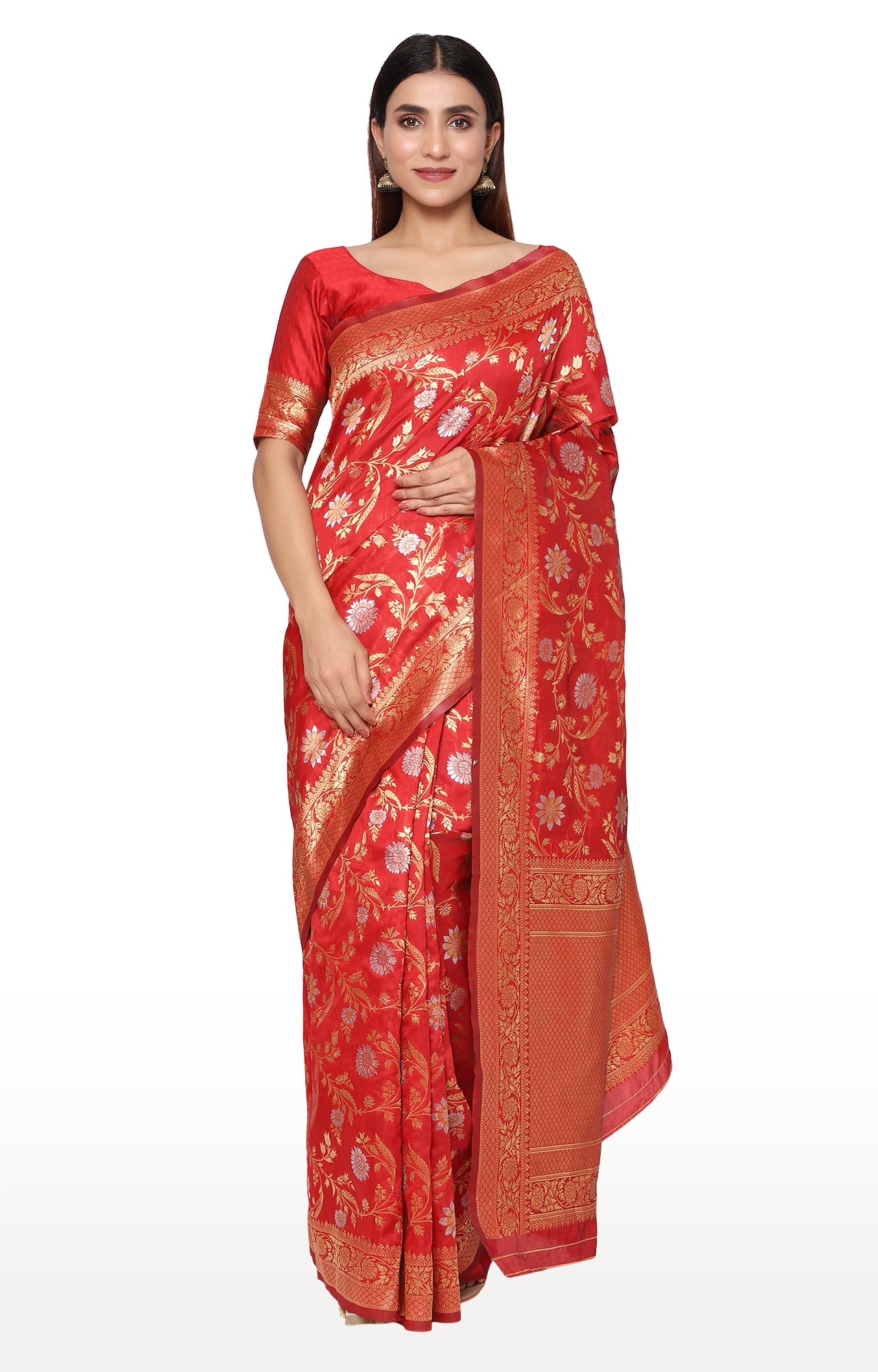 Glemora | Glemora Red Beautiful Ethnic Wear Silk Blend Banarasi Traditional Saree 0