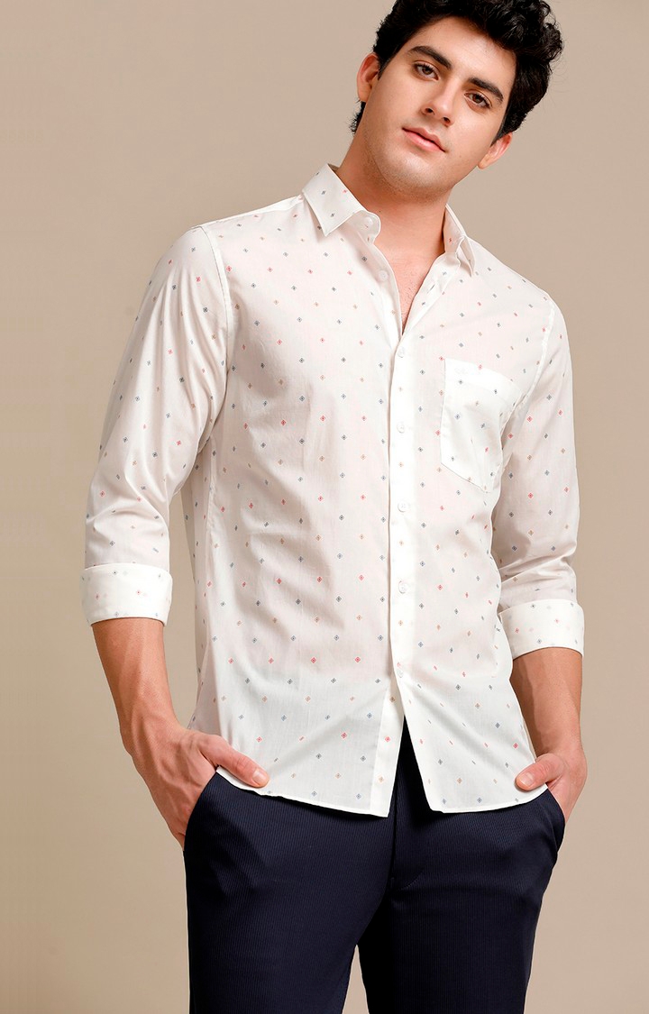 Aldeno | Men's White Cotton Printed Casual Shirt
