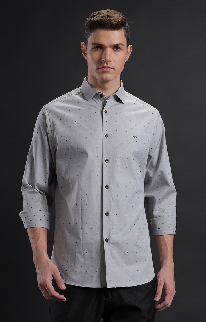 Men's Grey Cotton Embroidered Casual Shirt