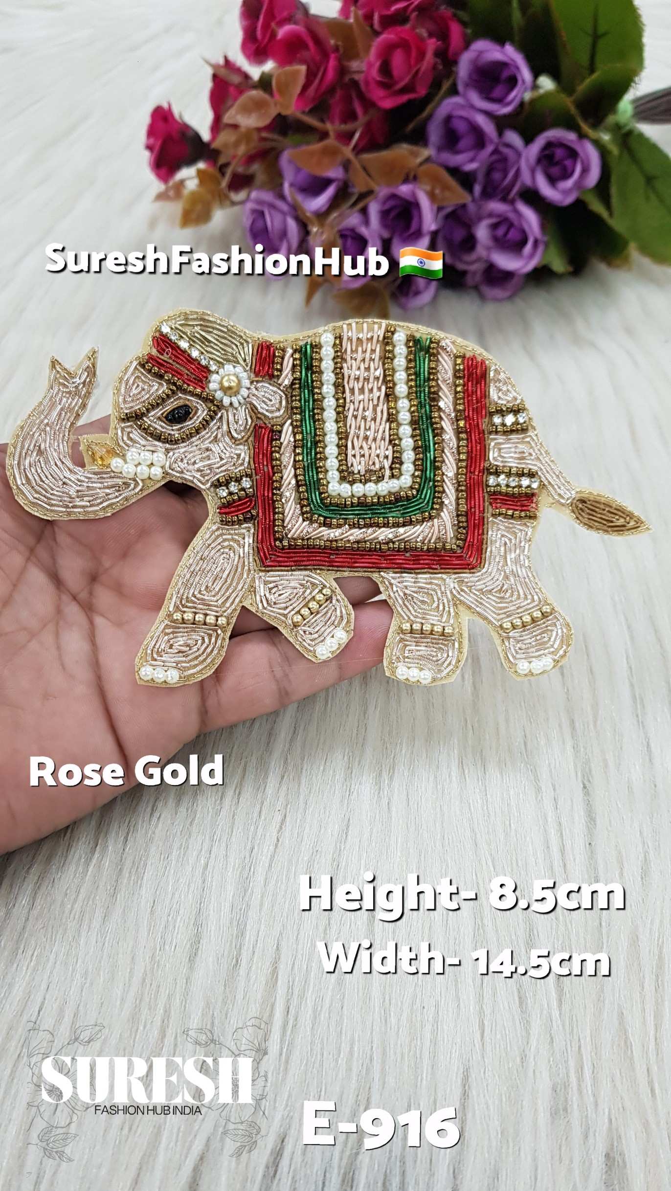Handmade Elephant Patch – Left Side Pearl Gold – Design No. E-916