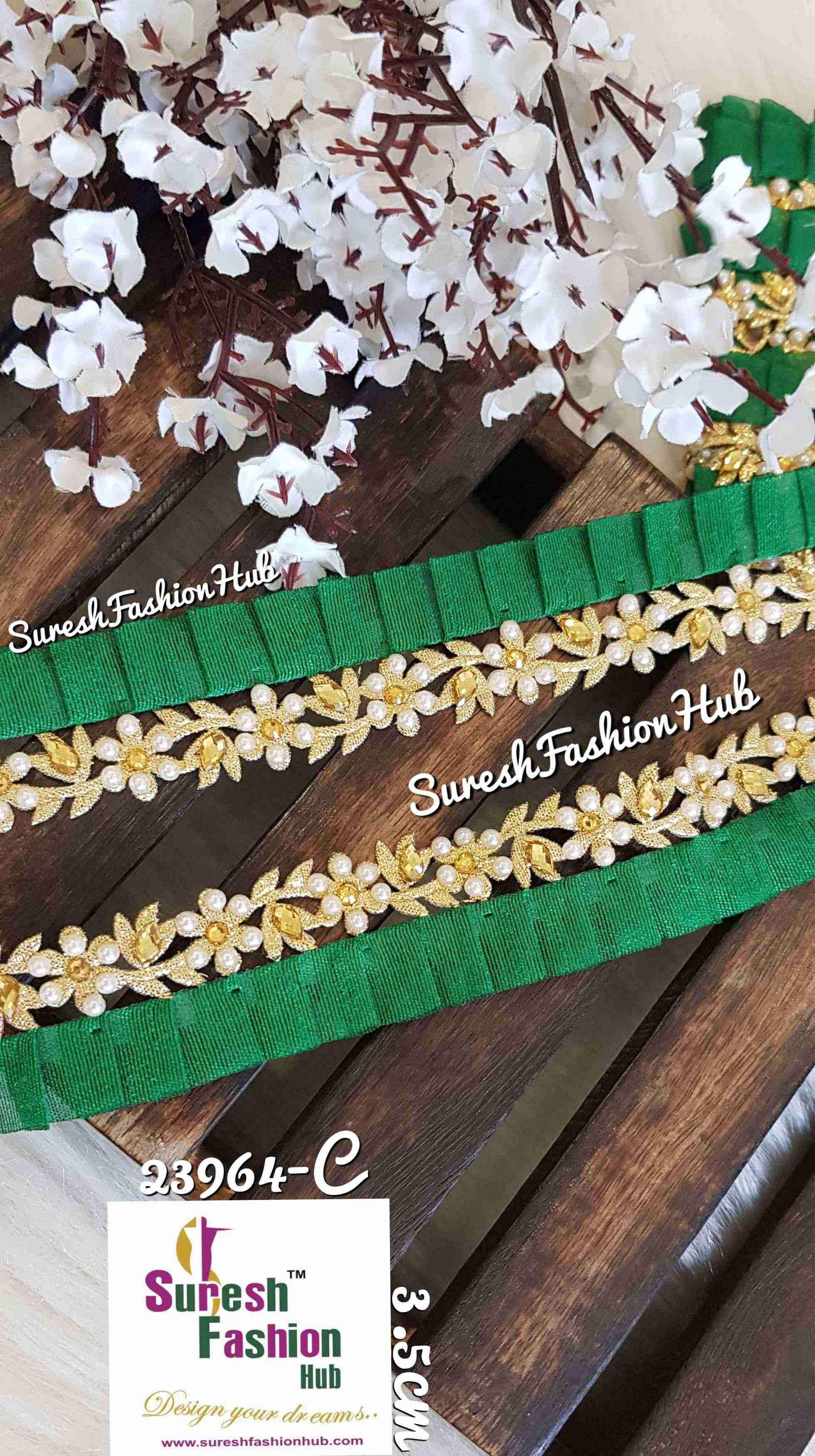 Designer Green Flowers Embellished Trim