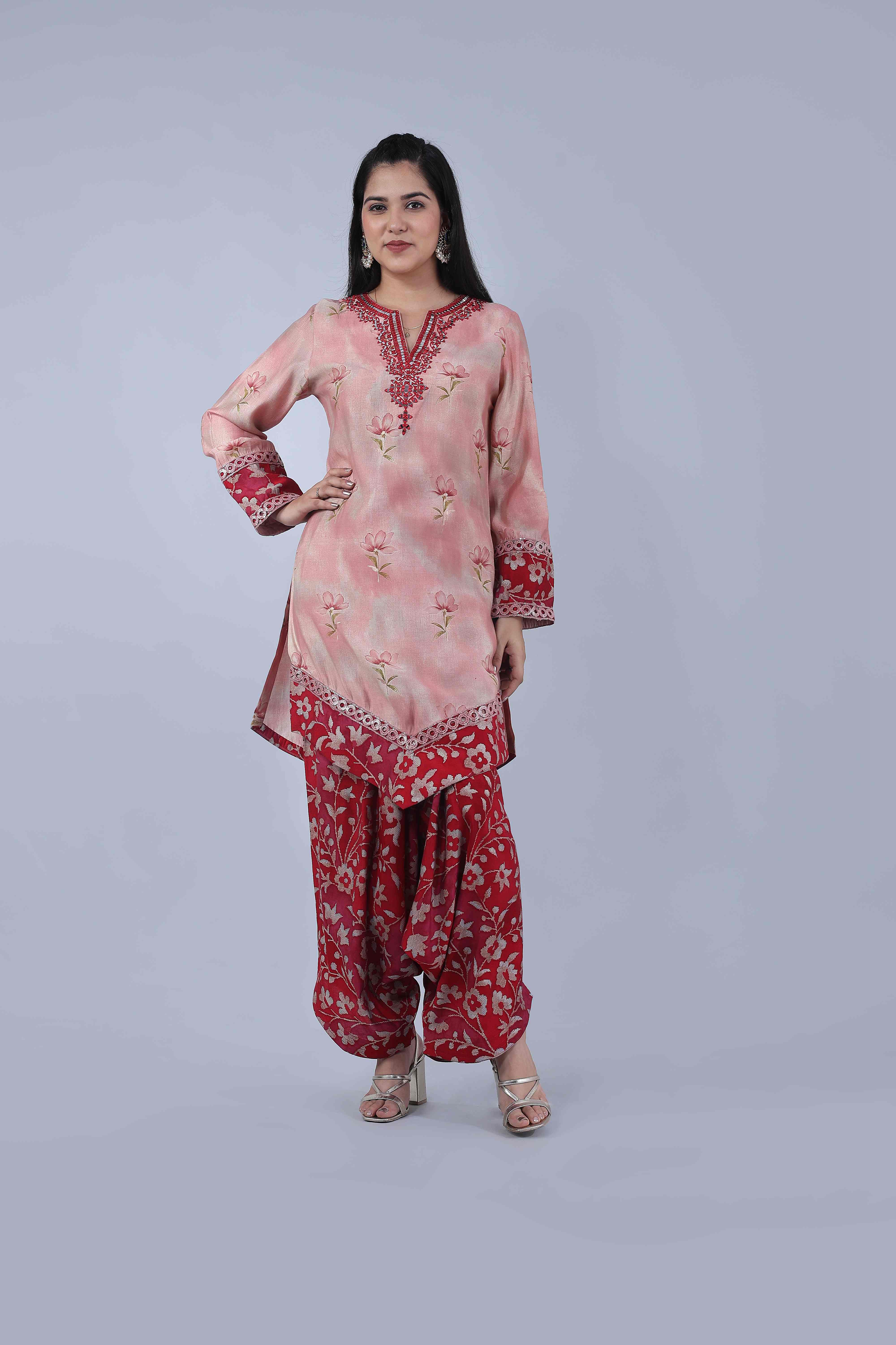 Blush Pink Printed Kurta with Printed Dhoti Salwar