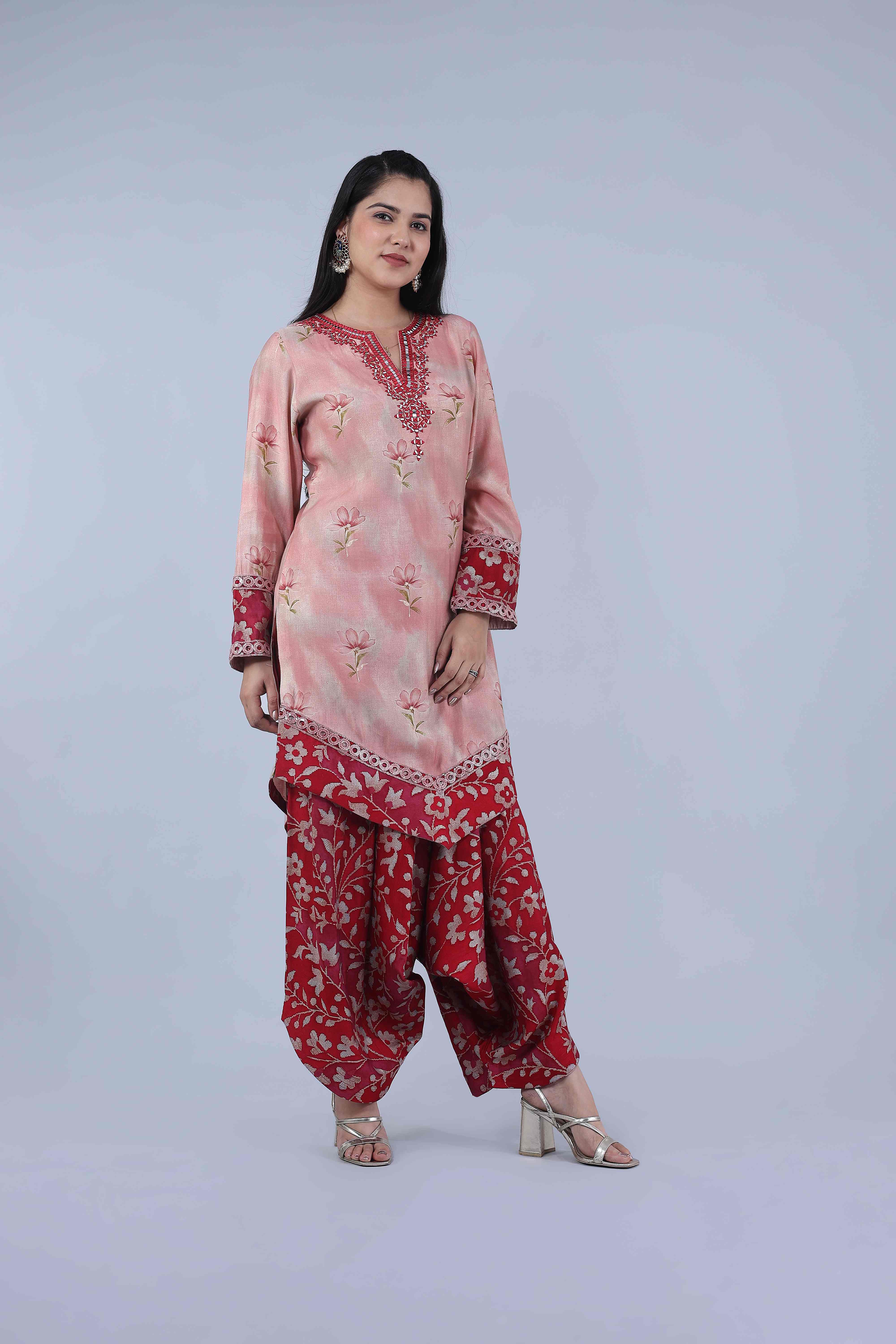 Blush Pink Printed Kurta with Printed Dhoti Salwar