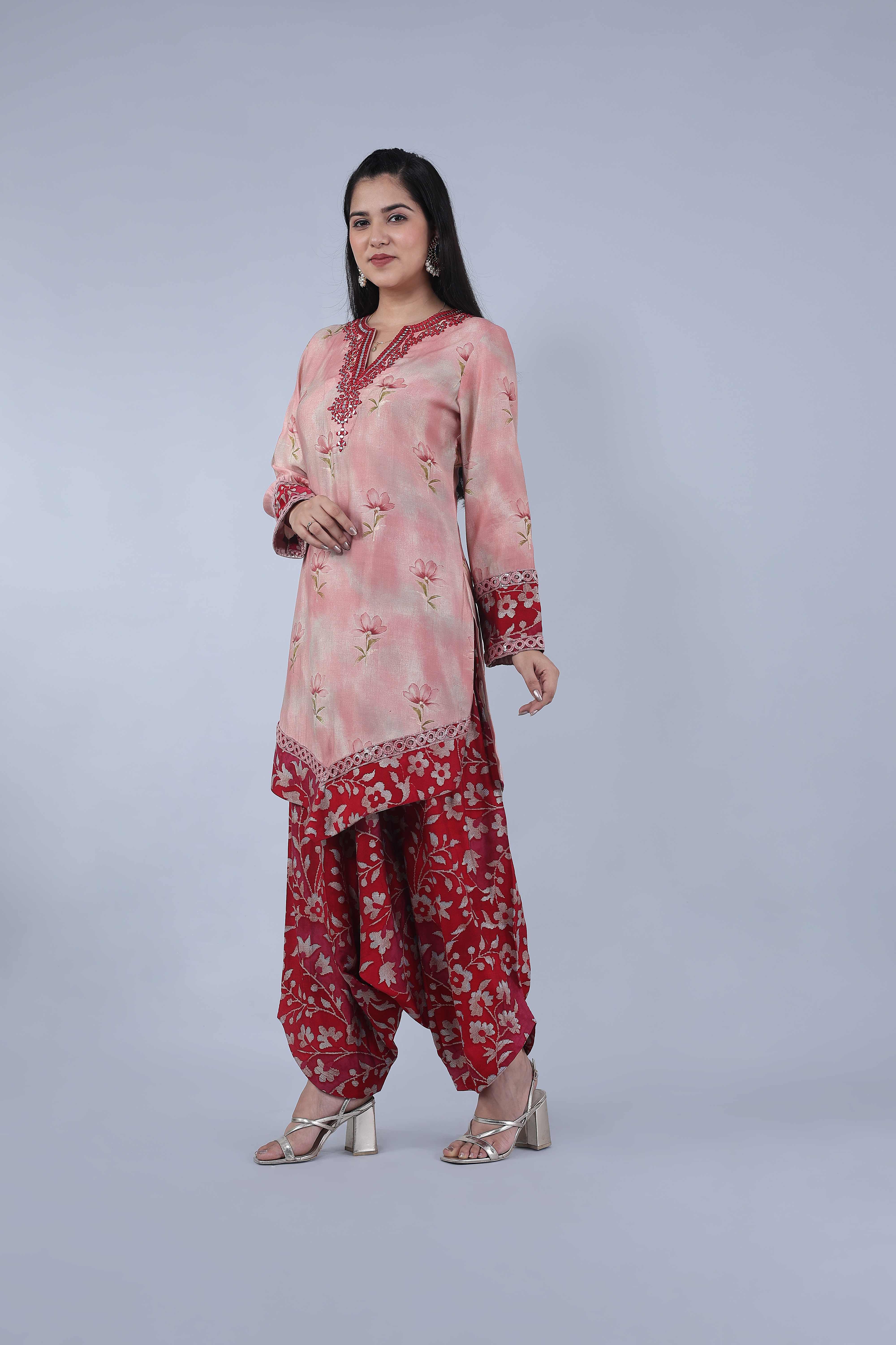 Blush Pink Printed Kurta with Printed Dhoti Salwar